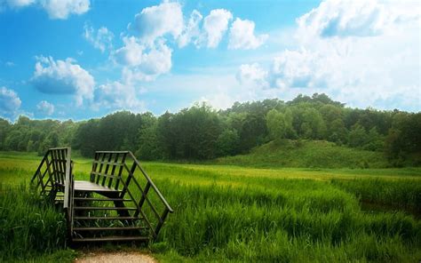 Middle Lands Green Bridge Grass Nature Trees Clouds Sky Hd