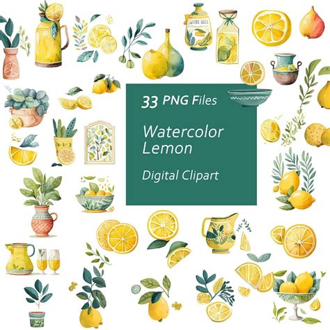 Watercolor Lemon Clipart Set Fruit Clipart Citrus Illustration Instant