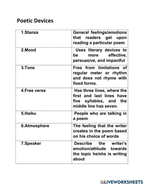 Poetic Devices Online Exercise Live Worksheets