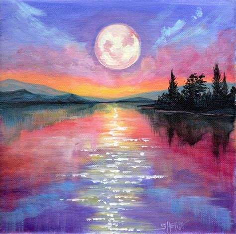 Easy How To Paint A Moon Reflected On Water Acrylic April Day Step By Step Diy Canvas
