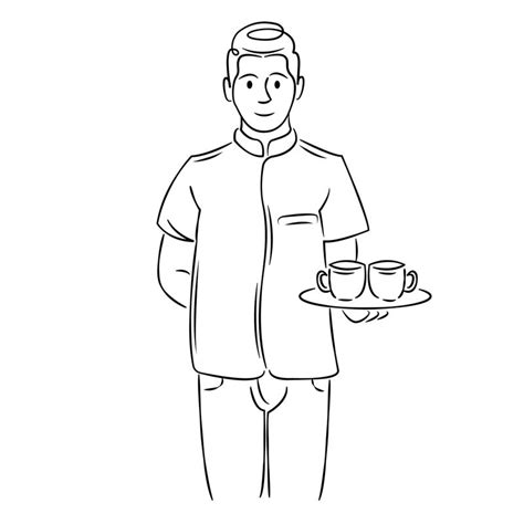 Young Boy Male Waiter With A Tray Of Drinks Flat Sketch Line Style