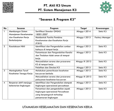 Contoh Sasaran Tujuantarget Dan Program K3 Keselamatan Dan