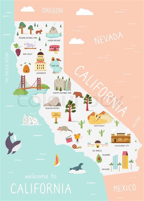 Illustrated Map Of California With Stock Vector Colourbox