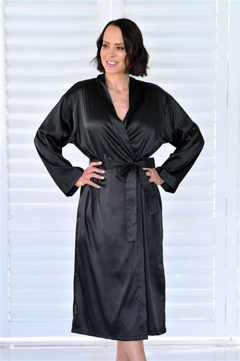 Ava Long Satin Robe Black Envy Nightwear Satin Robe Black Satin