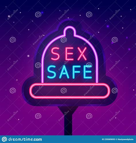 sex safe neon sign with condom frame contraceptive advertising isolated vector stock