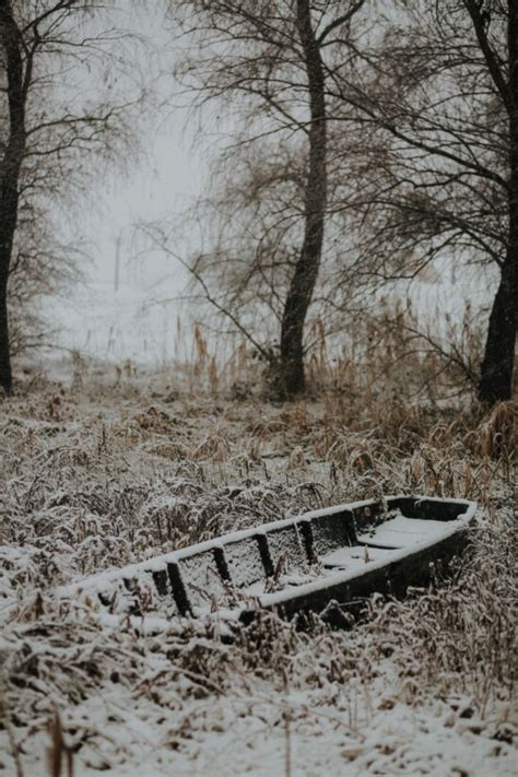 Free Picture Snowy Riverbank Sunrise Boat Abandoned Snow Water