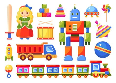 Premium Vector Kids Toys Set With Train Robot Truck Rocket Doll