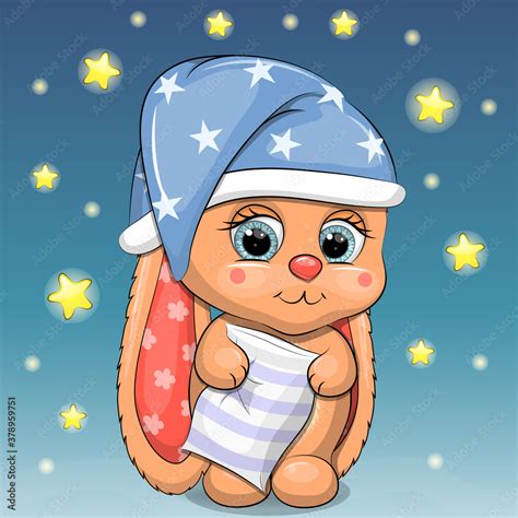 Cute Cartoon Baby Rabbit In Night Cap With Pillow Vector Illustration