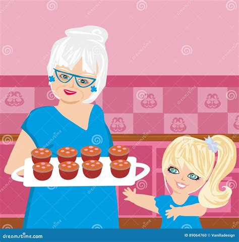 Grandma And Granddaughter Cook Together Flat Cartoon Vector Illustration