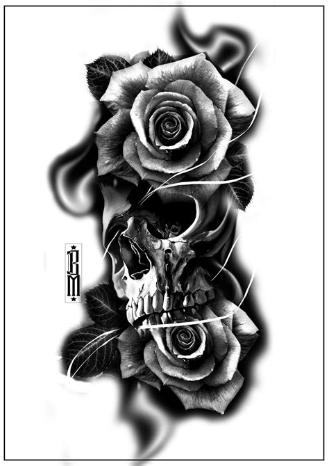 Skull Roses Smoke Tattoo Design Forearm Tattoos Digital Scarry Creepy Skulls Black And