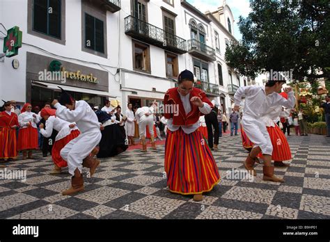 Portugal Island Madeira Funchal Folk Dance Group Spectators Stock Photo