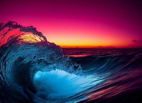 Premium Ai Image Wave Breaking Into The Ocean At Sunset Generative Ai