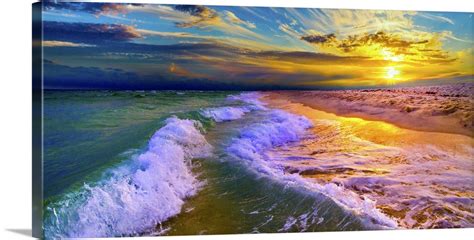 Ocean Sunset Panorama Blue And Yellow Sunset Waves Photography
