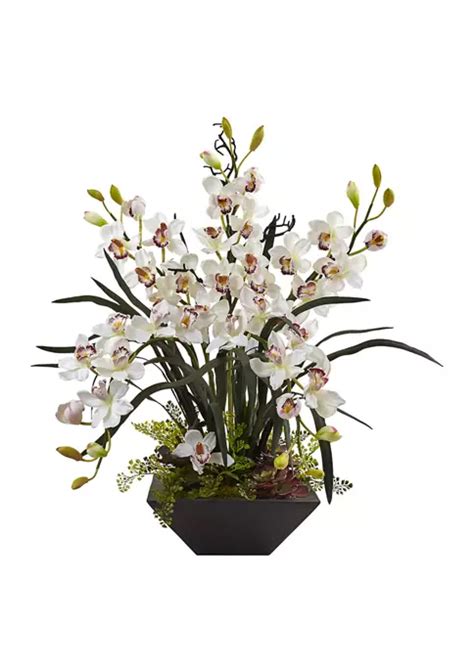 Nearly Natural Cymbidium Orchid Silk Arrangement With Black Vase Belk
