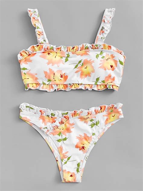frill trim floral bikini set shein sheinside summer bathing suits cute bathing suits summer
