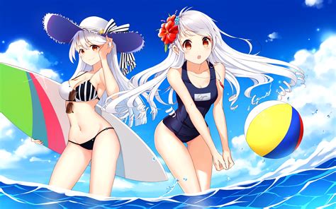 Wallpaper Anime Girls Bikini Cleavage Clouds Hat Headdress Long