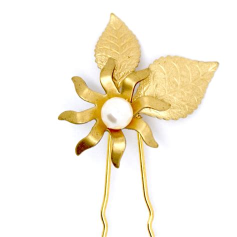 Bridal Hair Pin Gold Flowers And Pearls Flower Wedding Hairpin