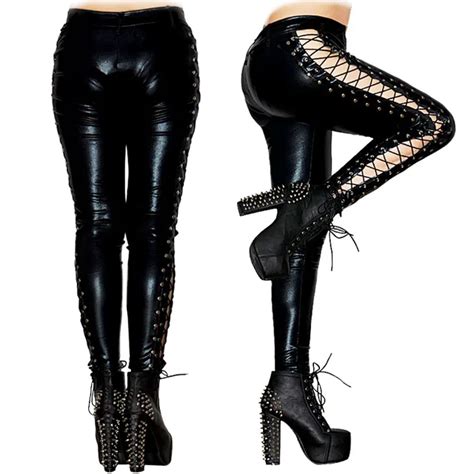 Womens Sexy Black Pvc Leggings Goth Fetish Faux Leather Lace Up Pants Cool Punk Rock Bright