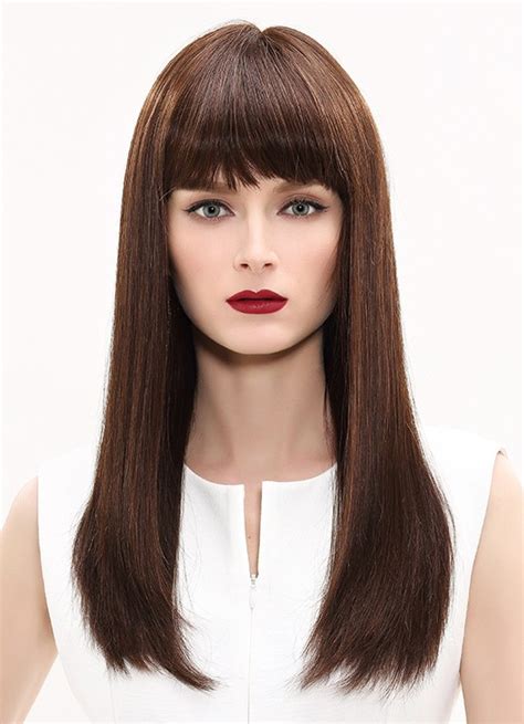100 Human Hair Long Straight Wigs With Full Bangs