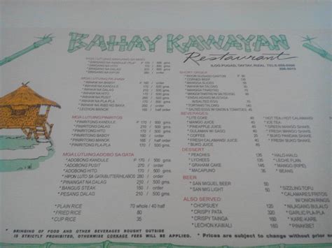 Menu At Bahay Kawayan Restaurant Taytay H43qcfv