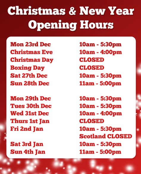 Christmas And New Year Opening Times