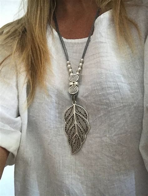 Woman Statement Long Leather Necklace Long Pendant Necklace Big Leaf