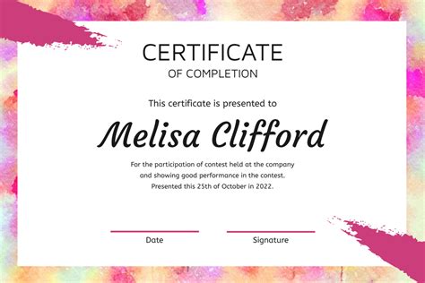 Sharp Pink Water Color Certificate Certificate Template