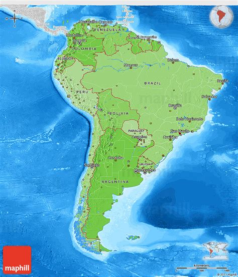 Political Shades 3d Map Of South America Lighten Desaturated Land Only