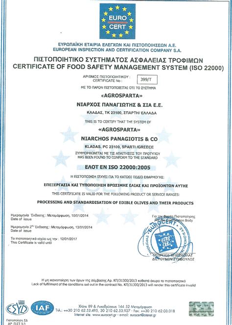 Certificate Of Food Safety Management System Iso 22000