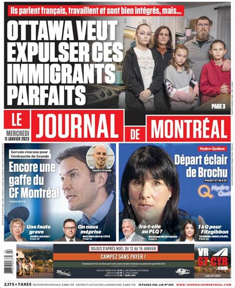 Journal Le Journal De Montréal Canada Les Unes Des Journaux De Canada Édition Du Mercredi