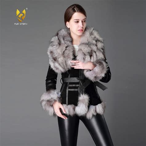 Fur Story 13055 Womens Coats Genuine Leather Coat Fox Fur Collar Trim