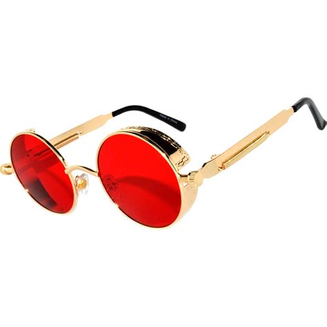 060 c10 steampunk gothic sunglasses metal round circle gold frame red lens one pair online