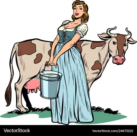 A Woman Milker Cow Bucket Milk Agriculture Vector Image