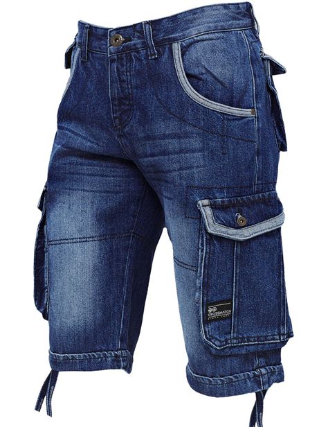 Crosshatch Mens Denim Shorts Stretch Cargo Knee Length Combat Pants Multi Pocket Ebay