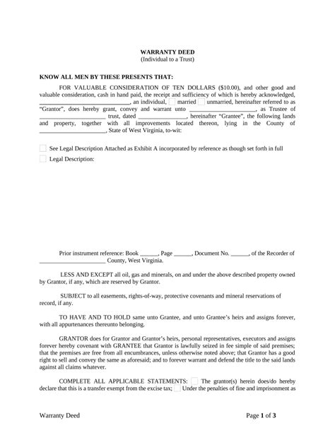 Warranty Deed From Individual To A Trust West Virginia Form Fill Out