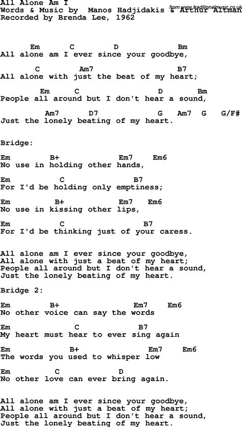 Song Lyrics With Guitar Chords For All Alone Am I Brenda Lee 1963