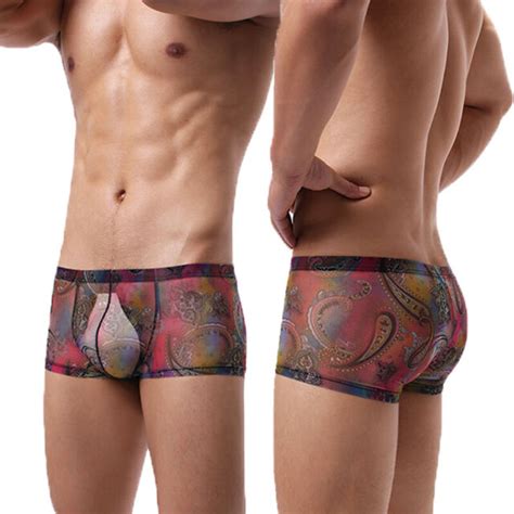 Print Sheer Boxer Brief Mens Underwear With Pouch 5 Colors Available