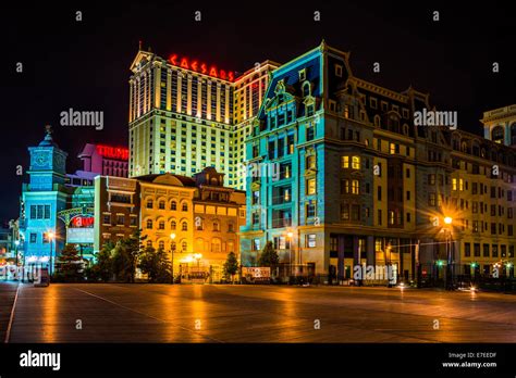 Buildings On The Boardwalk At Night In Atlantic City New Jersey Stock