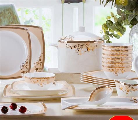 58 Pcs High Grade Bone China Tableware Set Luxury Gold Rimmed Square