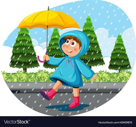 A Girl Wearing Raincoat Holding Umbrella In Rain Vector Image