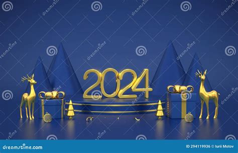 Happy New 2024 Year 3d Golden Metallic Numbers 2024 On Blue Stage