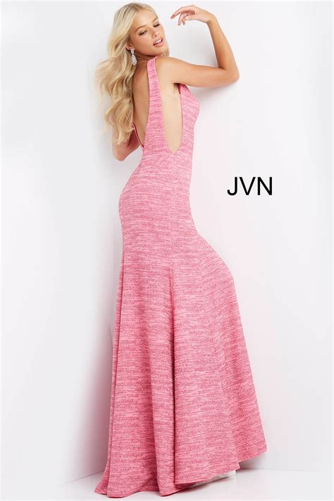 Jvn08508 Hot Pink Stretch Glitter High Slit Backless Prom Dress