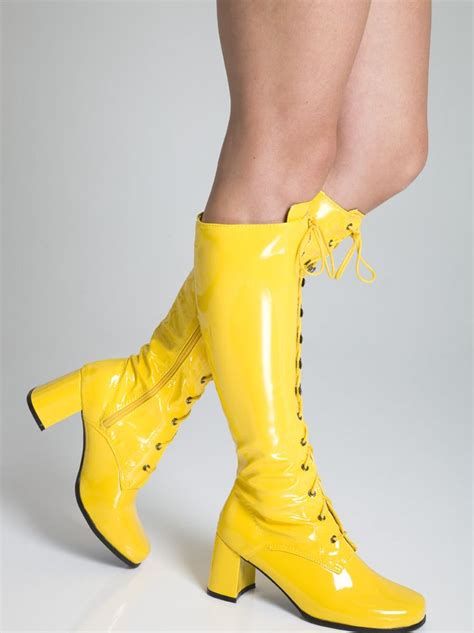 Knee High Boots Yellow Fashion Gogo Boots Size 7 Uk Yellow Patent