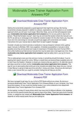 This assessment test is provided to application form answer example for crew trainer at may 17, 2021publicly viewable and good to mcdonalds crew trainer application answers to give an old and. Mcdonald's Australia Crew Trainer Application Answers ...