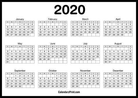 2020 Calendar Printable Free Horizontal Hd Black Calendarzprint
