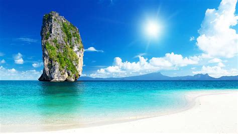 Beautiful Blue Sea Rock Sun Sky With White Clouds Krabi Thailand