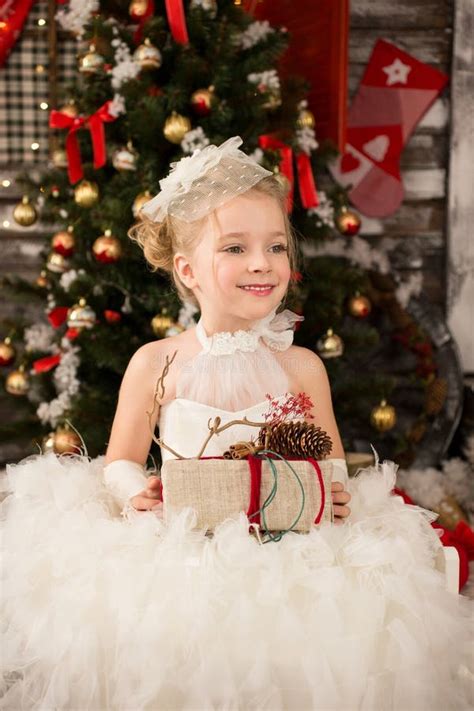 Cute Young Beautiful Girl In White Christmas Dress Stock Image Image