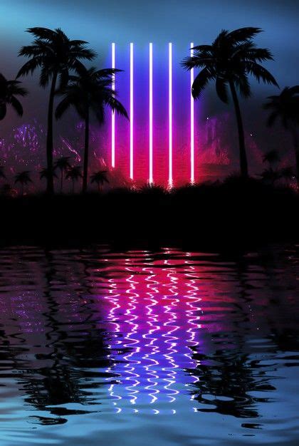 Neon Palm Tree Tropical Leaves Reflection Of Neon Light In Water In