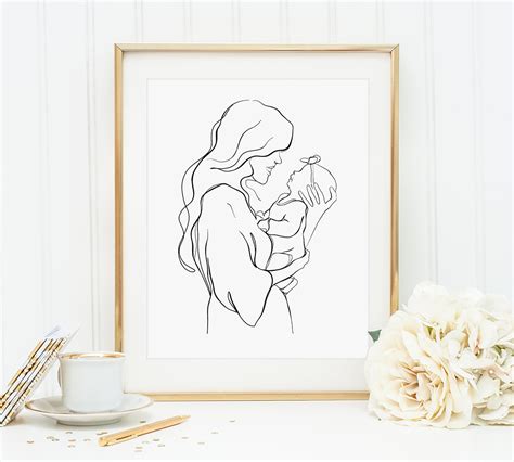 Mother And Daughter Art Mom Baby Art Continuous Line Art Etsy