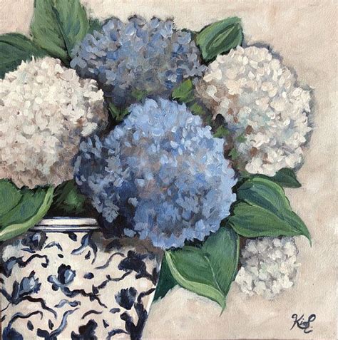 Original Painting Blue And White Hydrangeas In Blue And White Vase